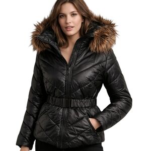 H&M Black Belted Puffer Jacket Faux Fur Hood Size 2
